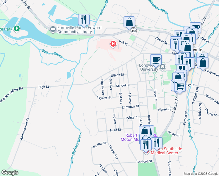 map of restaurants, bars, coffee shops, grocery stores, and more near 401 3rd Avenue in Farmville