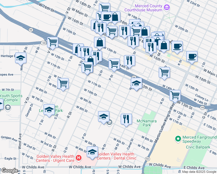 map of restaurants, bars, coffee shops, grocery stores, and more near 827 West 11th Street in Merced