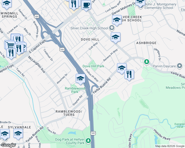 map of restaurants, bars, coffee shops, grocery stores, and more near 3817 Deans Place Way in San Jose