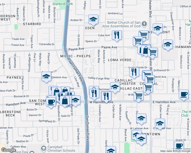 map of restaurants, bars, coffee shops, grocery stores, and more near 1467 Maria Way in San Jose