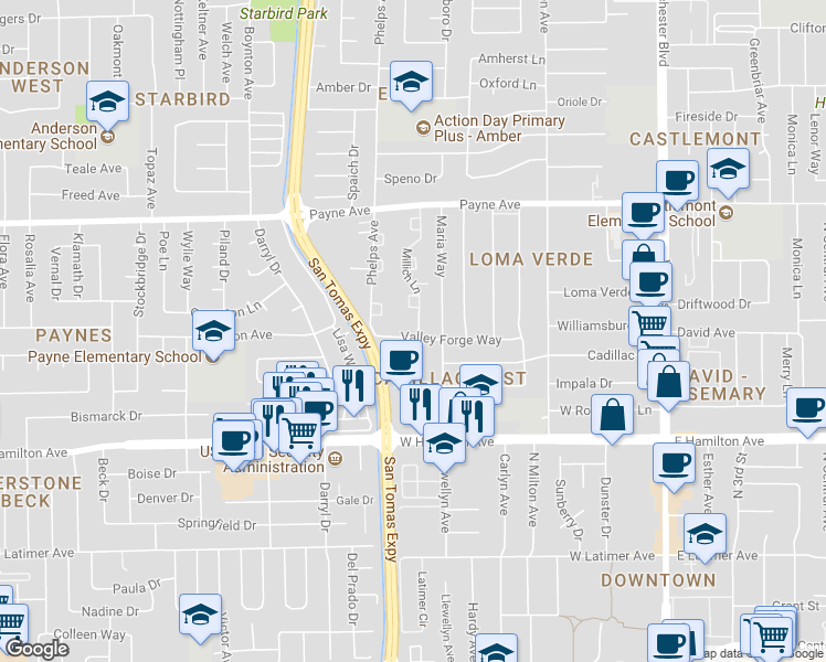 map of restaurants, bars, coffee shops, grocery stores, and more near 1467 Maria Way in San Jose