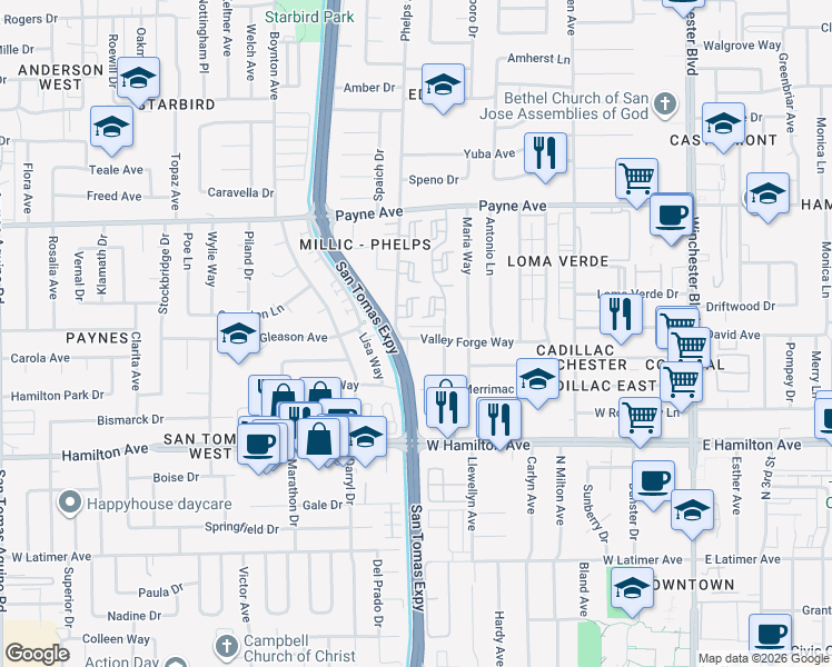 map of restaurants, bars, coffee shops, grocery stores, and more near 573 Valley Forge Way in Campbell