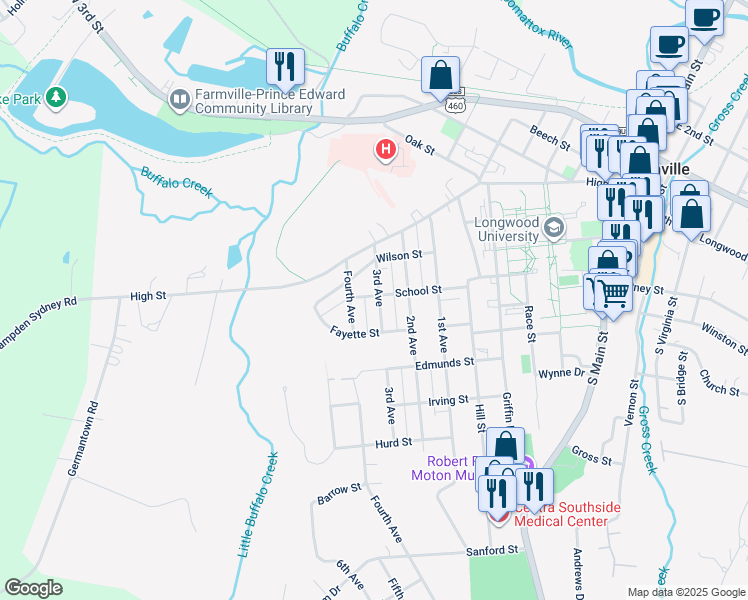 map of restaurants, bars, coffee shops, grocery stores, and more near 401 3rd Avenue in Farmville