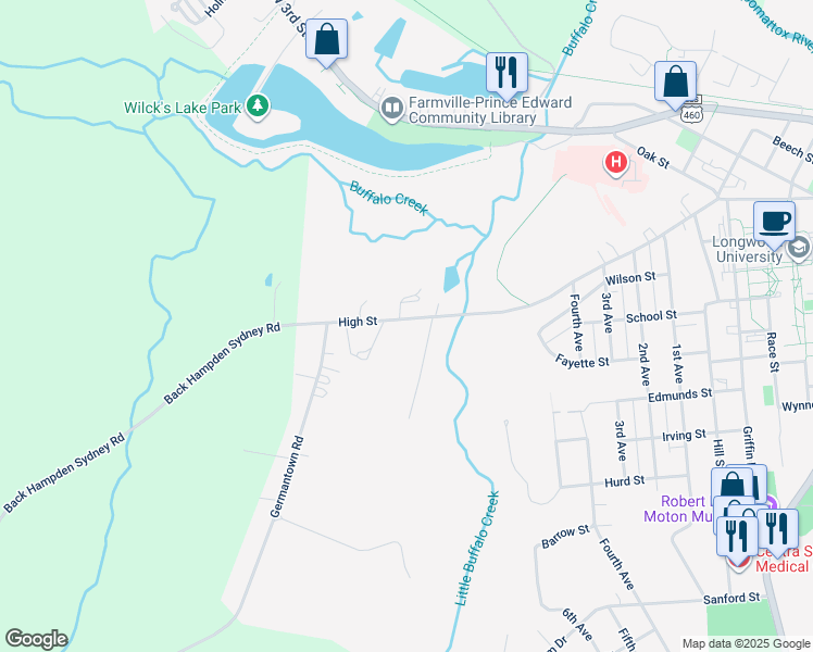 map of restaurants, bars, coffee shops, grocery stores, and more near 1499 High Street in Farmville