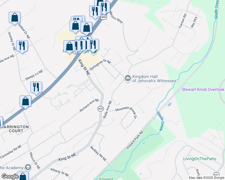 map of restaurants, bars, coffee shops, grocery stores, and more near 3446 Belle Avenue Northeast in Roanoke