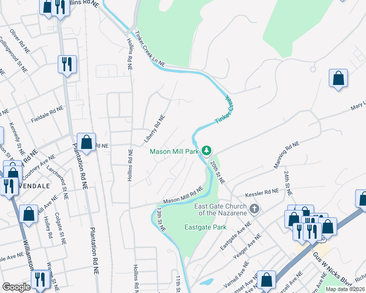 map of restaurants, bars, coffee shops, grocery stores, and more near 2612 Shull Road Northeast in Roanoke