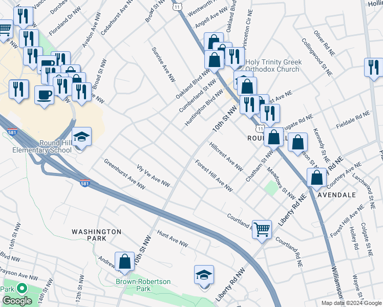 map of restaurants, bars, coffee shops, grocery stores, and more near 2502 10th Street Northwest in Roanoke