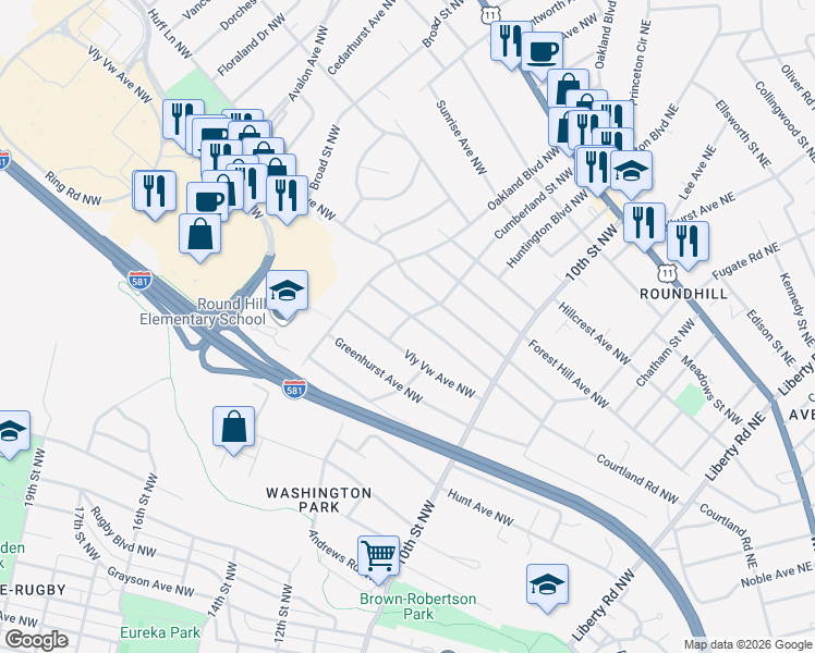 map of restaurants, bars, coffee shops, grocery stores, and more near 3503 Valley View Avenue Northwest in Roanoke