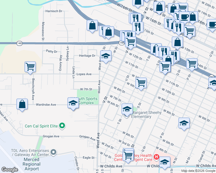 map of restaurants, bars, coffee shops, grocery stores, and more near 1512 West 8th Street in Merced