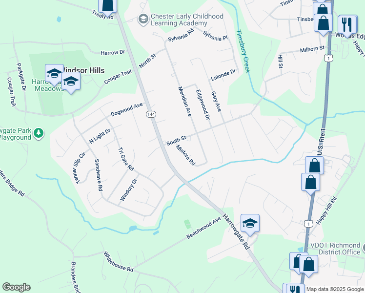 map of restaurants, bars, coffee shops, grocery stores, and more near 16105 Mistora Road in Chester