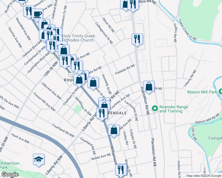 map of restaurants, bars, coffee shops, grocery stores, and more near 2701 Kennedy St NE in Roanoke