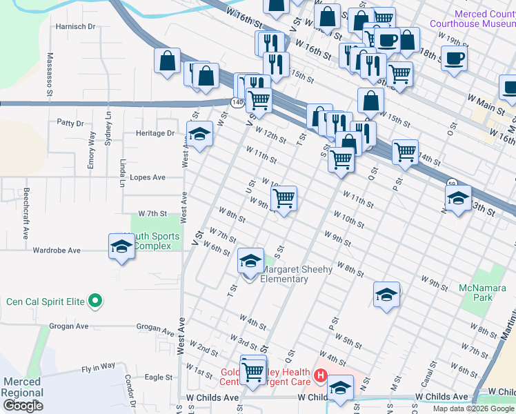 map of restaurants, bars, coffee shops, grocery stores, and more near 1328 West 9th Street in Merced