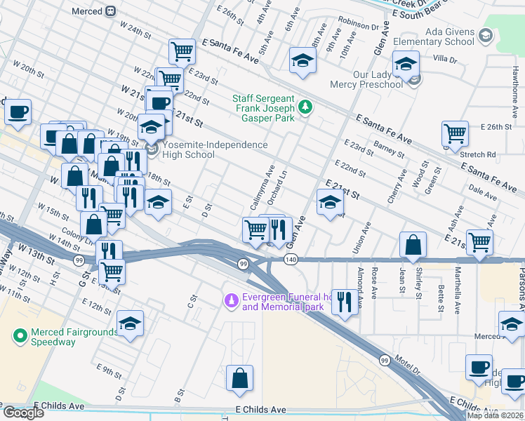 map of restaurants, bars, coffee shops, grocery stores, and more near 1830 Calimyrna Avenue in Merced