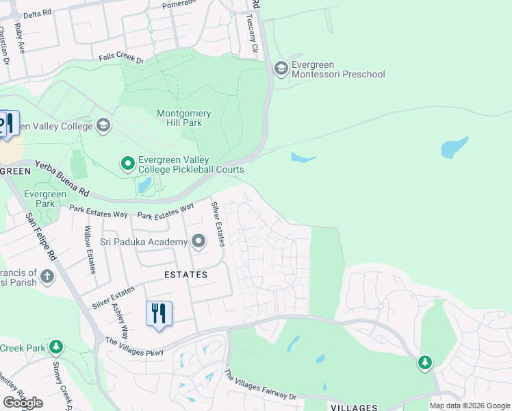 map of restaurants, bars, coffee shops, grocery stores, and more near 5258 Cribari Heights in San Jose