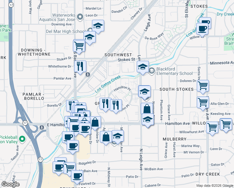 map of restaurants, bars, coffee shops, grocery stores, and more near 1891 Huxley Court in San Jose