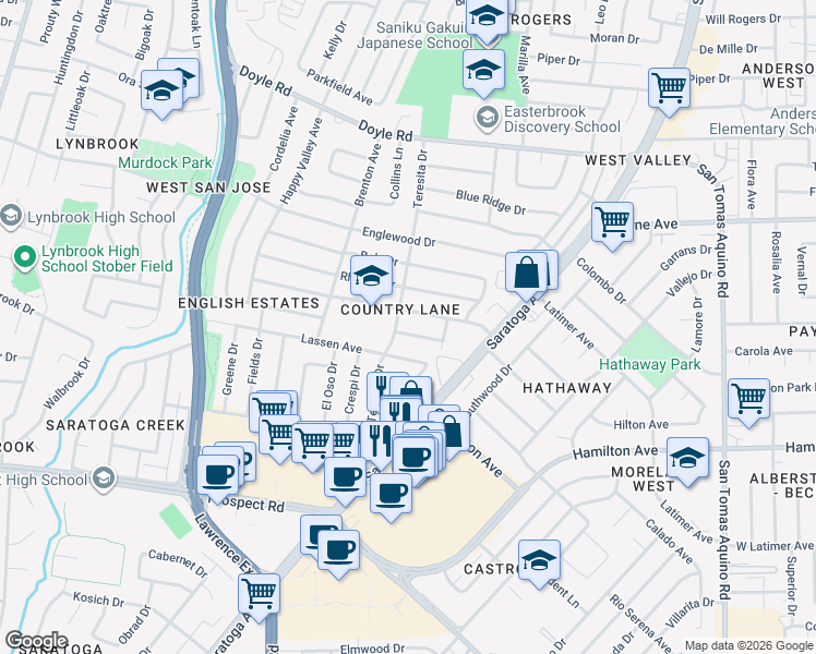 map of restaurants, bars, coffee shops, grocery stores, and more near 4967 Augusta Way in San Jose