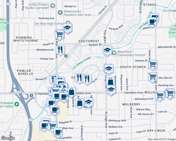 map of restaurants, bars, coffee shops, grocery stores, and more near 1891 Huxley Court in San Jose