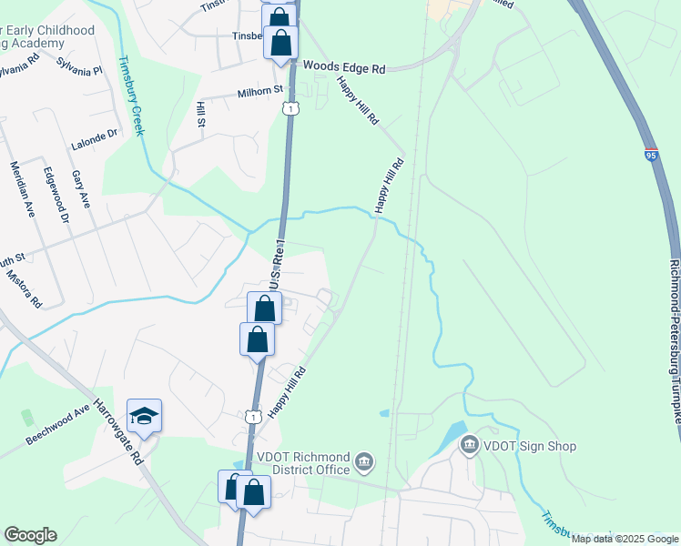 map of restaurants, bars, coffee shops, grocery stores, and more near 16410 Happy Hill Road in Colonial Heights