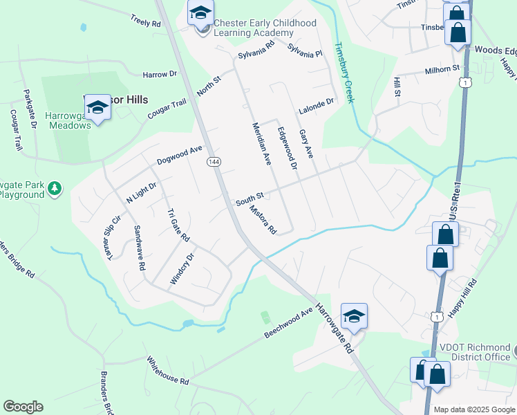 map of restaurants, bars, coffee shops, grocery stores, and more near 16105 Mistora Road in Chester