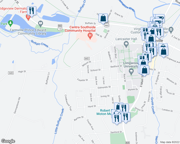 map of restaurants, bars, coffee shops, grocery stores, and more near 909 School Street in Farmville