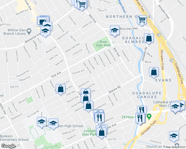 map of restaurants, bars, coffee shops, grocery stores, and more near 1866 Glen Una Avenue in San Jose