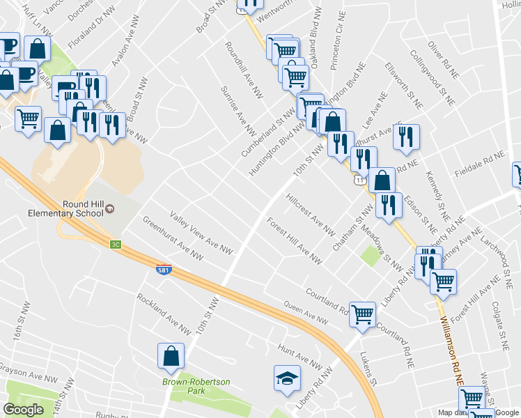 map of restaurants, bars, coffee shops, grocery stores, and more near 2502 10th Street Northwest in Roanoke