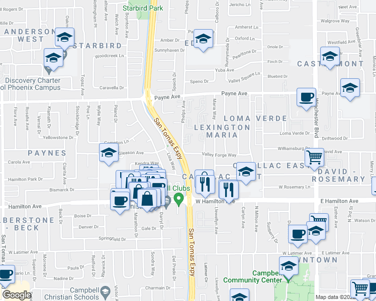 map of restaurants, bars, coffee shops, grocery stores, and more near 597 Valley Forge Way in San Jose