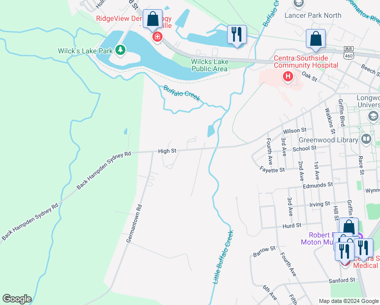 map of restaurants, bars, coffee shops, grocery stores, and more near 1499 High Street in Farmville