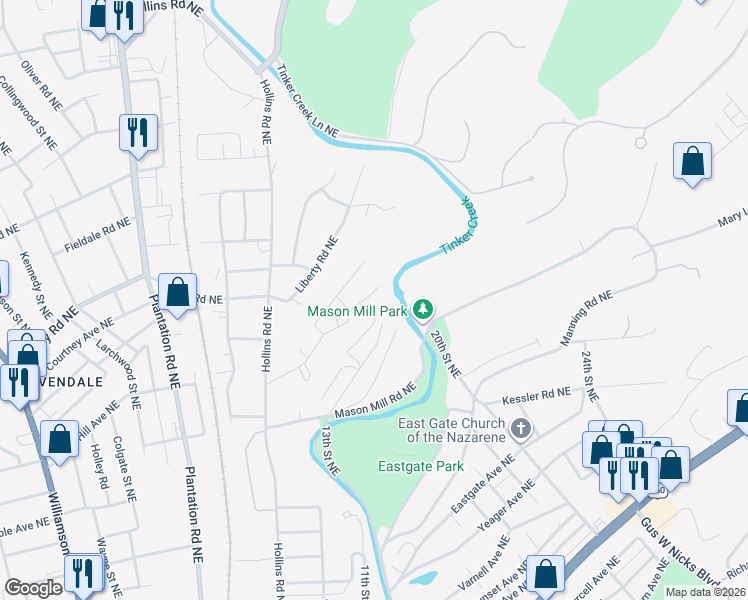 map of restaurants, bars, coffee shops, grocery stores, and more near 2612 Shull Road Northeast in Roanoke