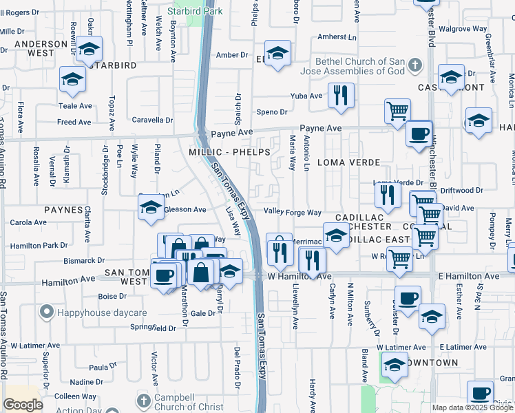 map of restaurants, bars, coffee shops, grocery stores, and more near 597 Valley Forge Way in San Jose