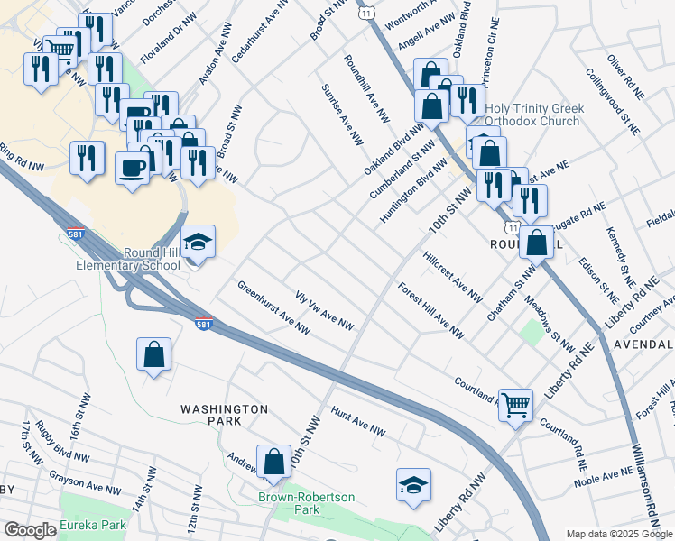 map of restaurants, bars, coffee shops, grocery stores, and more near 3408 Greenland Avenue Northwest in Roanoke