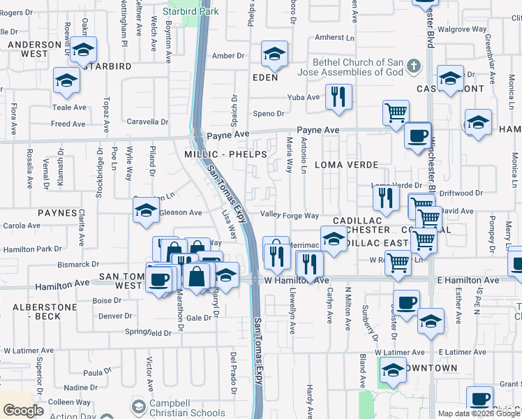 map of restaurants, bars, coffee shops, grocery stores, and more near 573 Valley Forge Way in Campbell