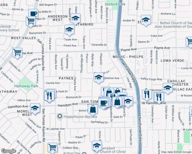 map of restaurants, bars, coffee shops, grocery stores, and more near 3755 Gleason Avenue in San Jose