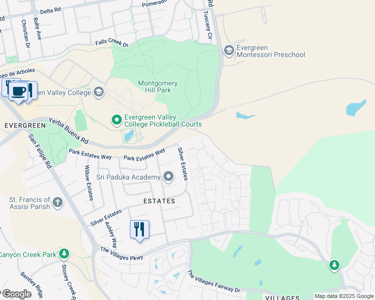 map of restaurants, bars, coffee shops, grocery stores, and more near 5398 Cribari Glen in San Jose