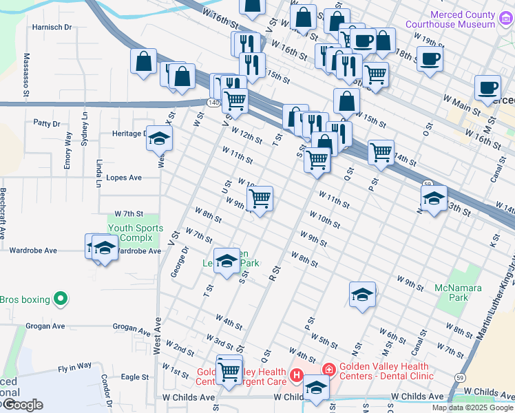 map of restaurants, bars, coffee shops, grocery stores, and more near 1243 West 9th Street in Merced