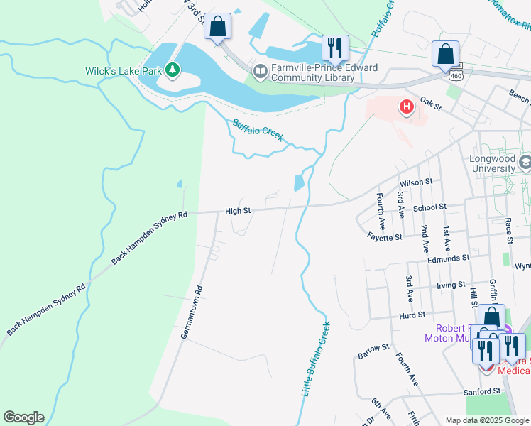 map of restaurants, bars, coffee shops, grocery stores, and more near 1499 High Street in Farmville