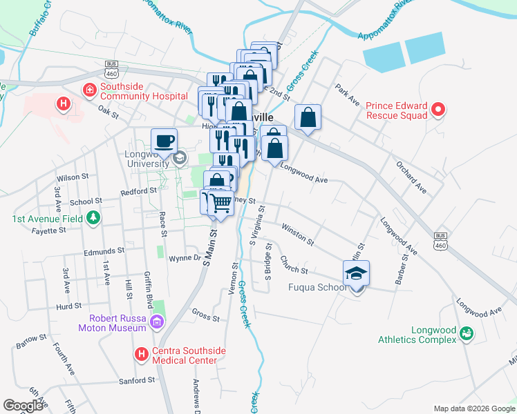 map of restaurants, bars, coffee shops, grocery stores, and more near 203 South Virginia Street in Farmville