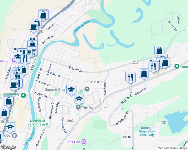 map of restaurants, bars, coffee shops, grocery stores, and more near 850 East 32nd Street in Durango