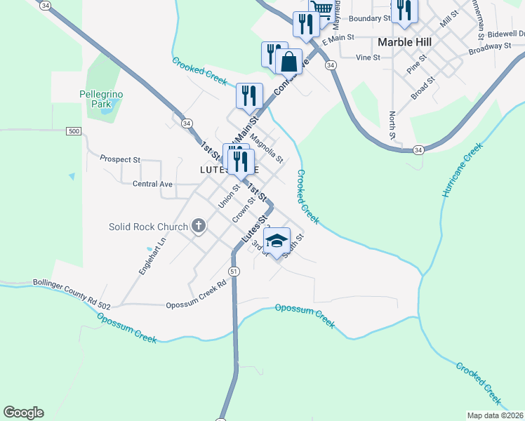 map of restaurants, bars, coffee shops, grocery stores, and more near 103 Missouri 51 in Marble Hill