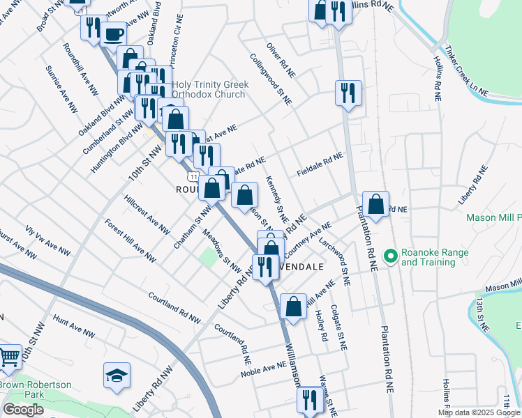 map of restaurants, bars, coffee shops, grocery stores, and more near 2729 Edison Street Northeast in Roanoke