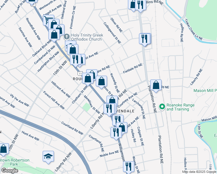 map of restaurants, bars, coffee shops, grocery stores, and more near 2729 Edison Street Northeast in Roanoke