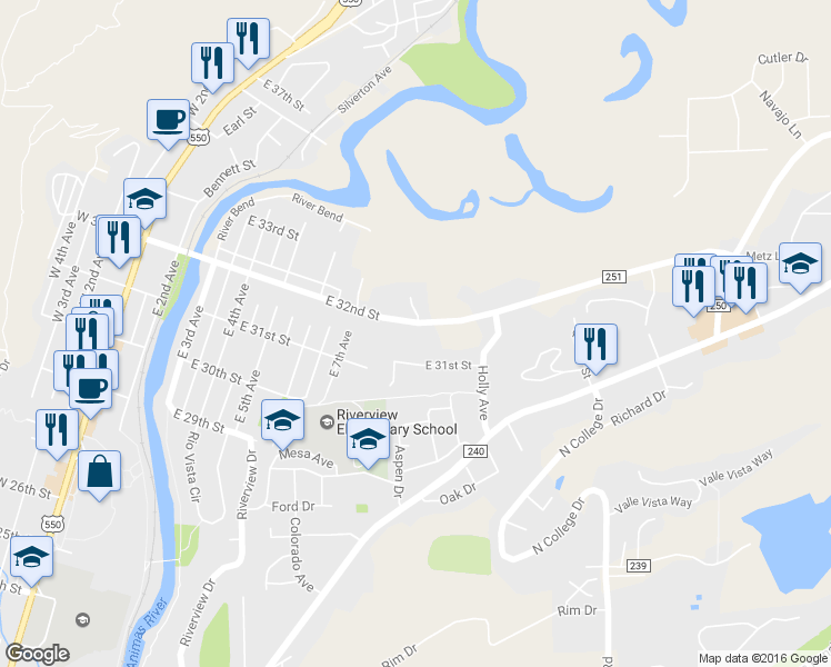 map of restaurants, bars, coffee shops, grocery stores, and more near 830 E 32nd St in Durango