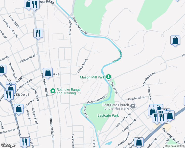 map of restaurants, bars, coffee shops, grocery stores, and more near 2612 Shull Road Northeast in Roanoke
