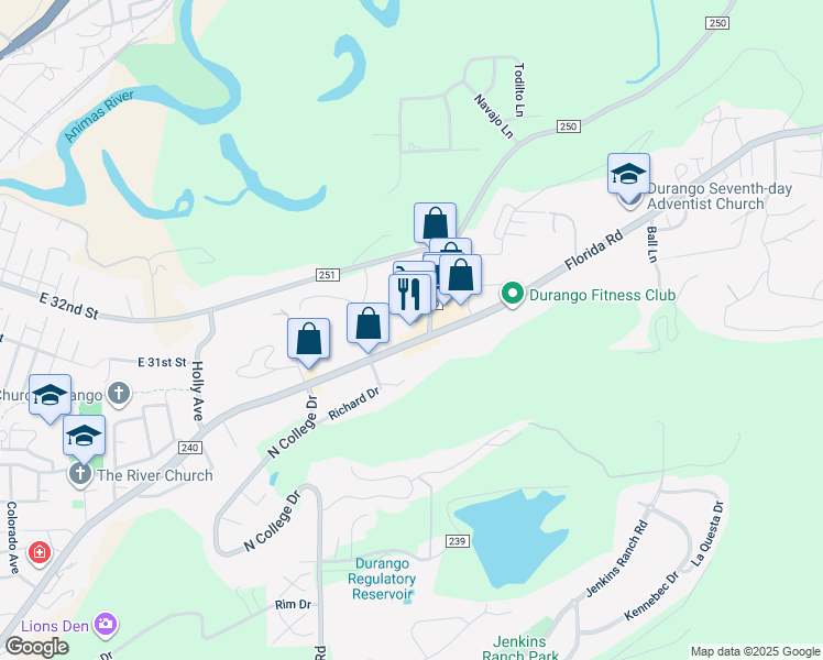 map of restaurants, bars, coffee shops, grocery stores, and more near 1455 County Road 240 in Durango