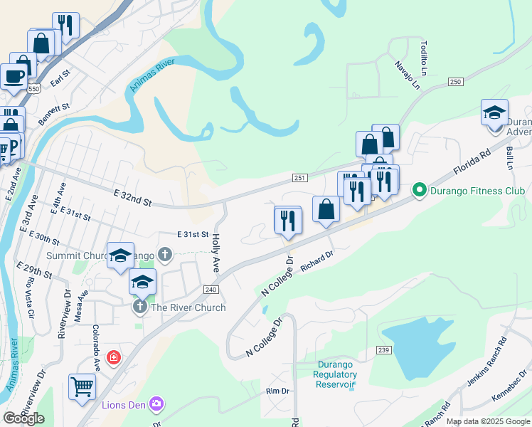map of restaurants, bars, coffee shops, grocery stores, and more near 3160 Quasar in Durango