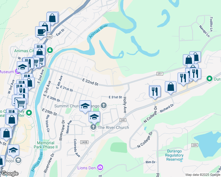 map of restaurants, bars, coffee shops, grocery stores, and more near 830 East 32nd Street in Durango