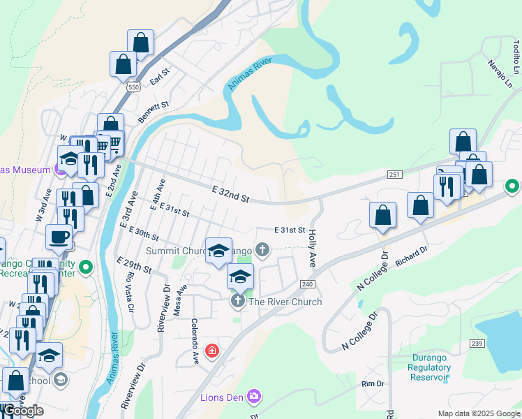 map of restaurants, bars, coffee shops, grocery stores, and more near 830 East 32nd Street in Durango