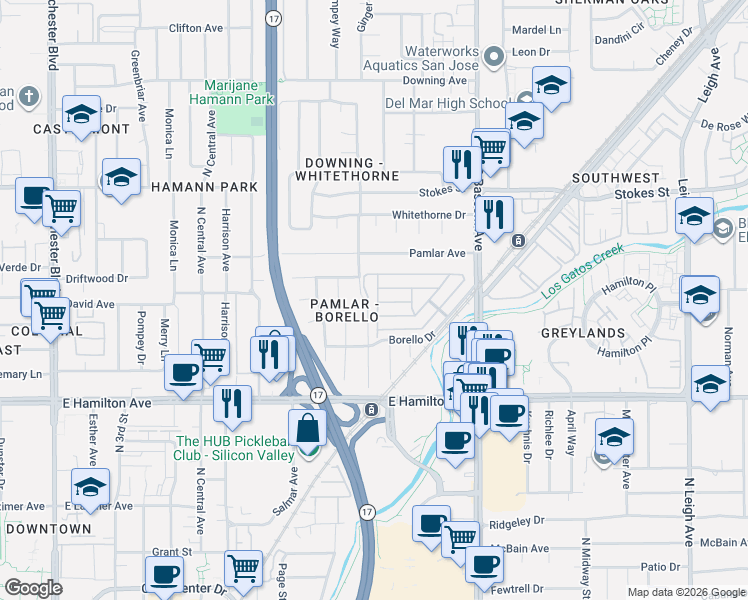 map of restaurants, bars, coffee shops, grocery stores, and more near 1445 Buena Luna Court in San Jose