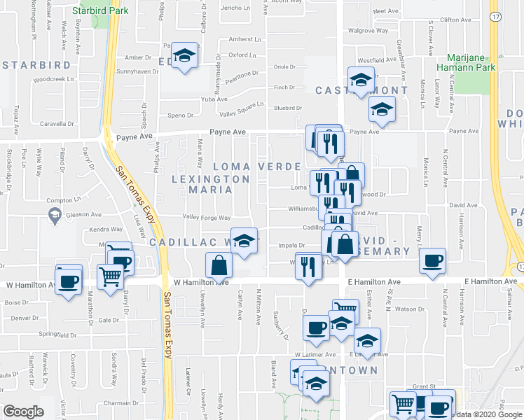 map of restaurants, bars, coffee shops, grocery stores, and more near 1483 Eden Avenue in San Jose