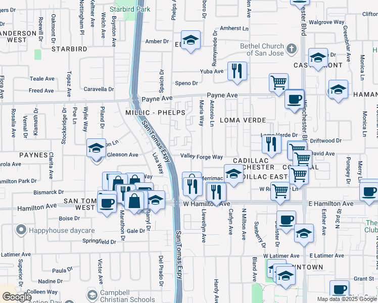 map of restaurants, bars, coffee shops, grocery stores, and more near 1467 Maria Way in San Jose